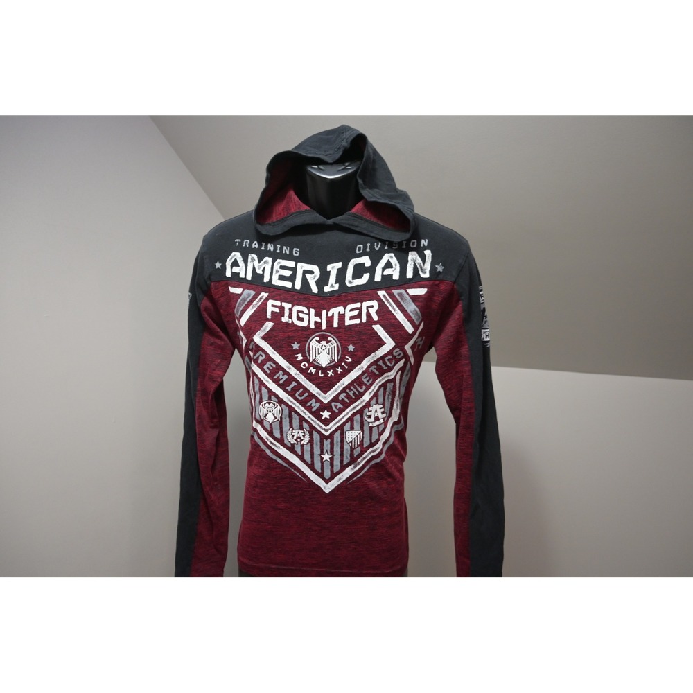 American Fighter Hooded T-Shirt Mens Small Burgundy Black Graphic MMA Excellent